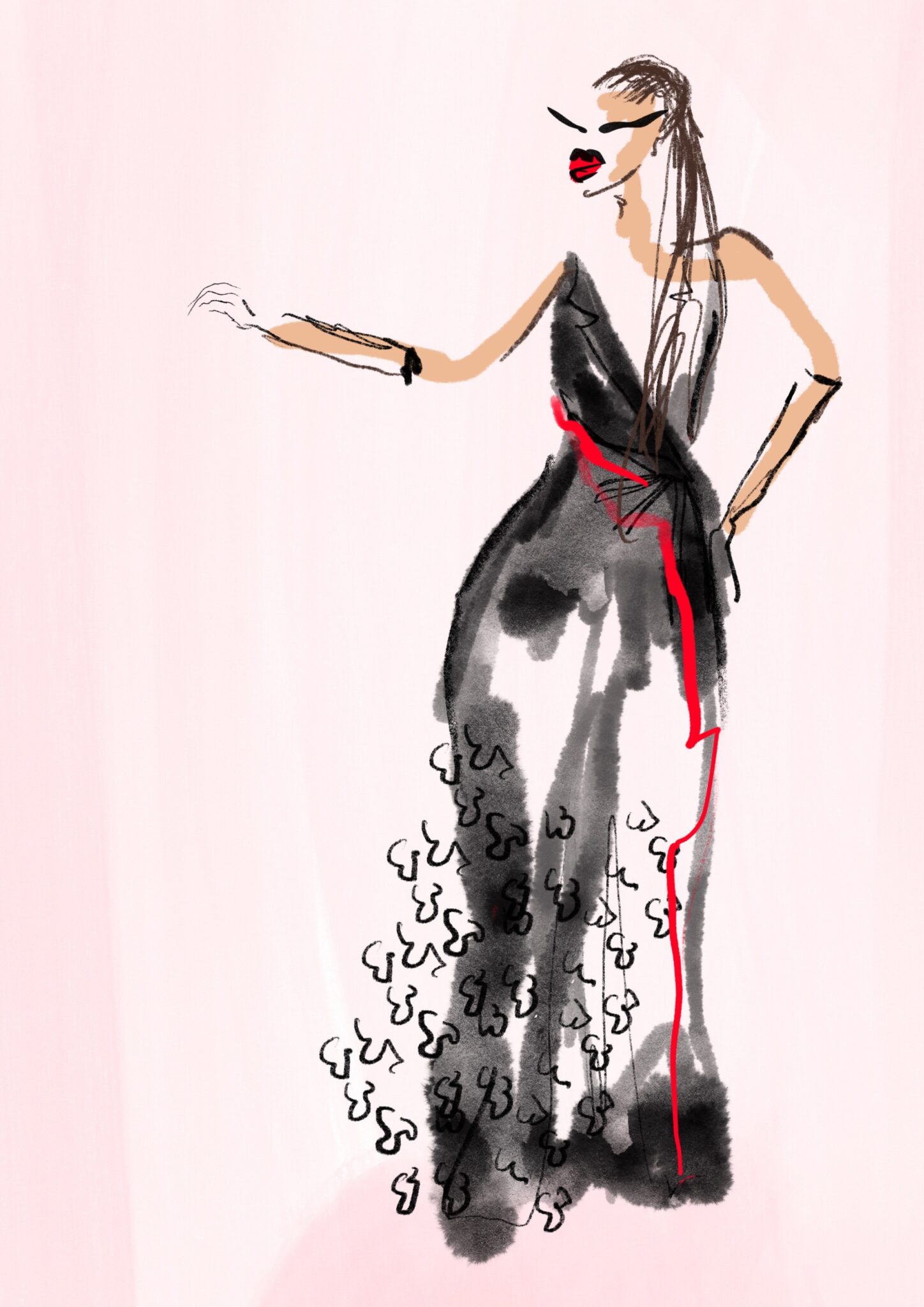 Fashion sketch of a woman in a sheer black gown with bust symbols and a red line detail, on a pink background.
