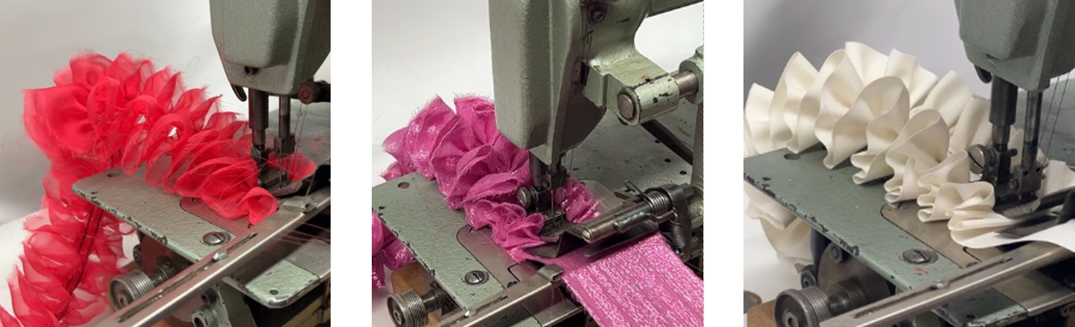 Three sewing machines creating butterfly-style ruffles in red, pink, and white fabrics.
