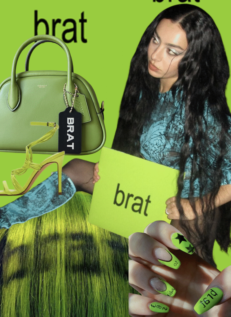 Collage featuring Charli XCX holding a neon green sign reading “brat,” surrounded by matching green accessories, hair, nails, and fashion pieces.