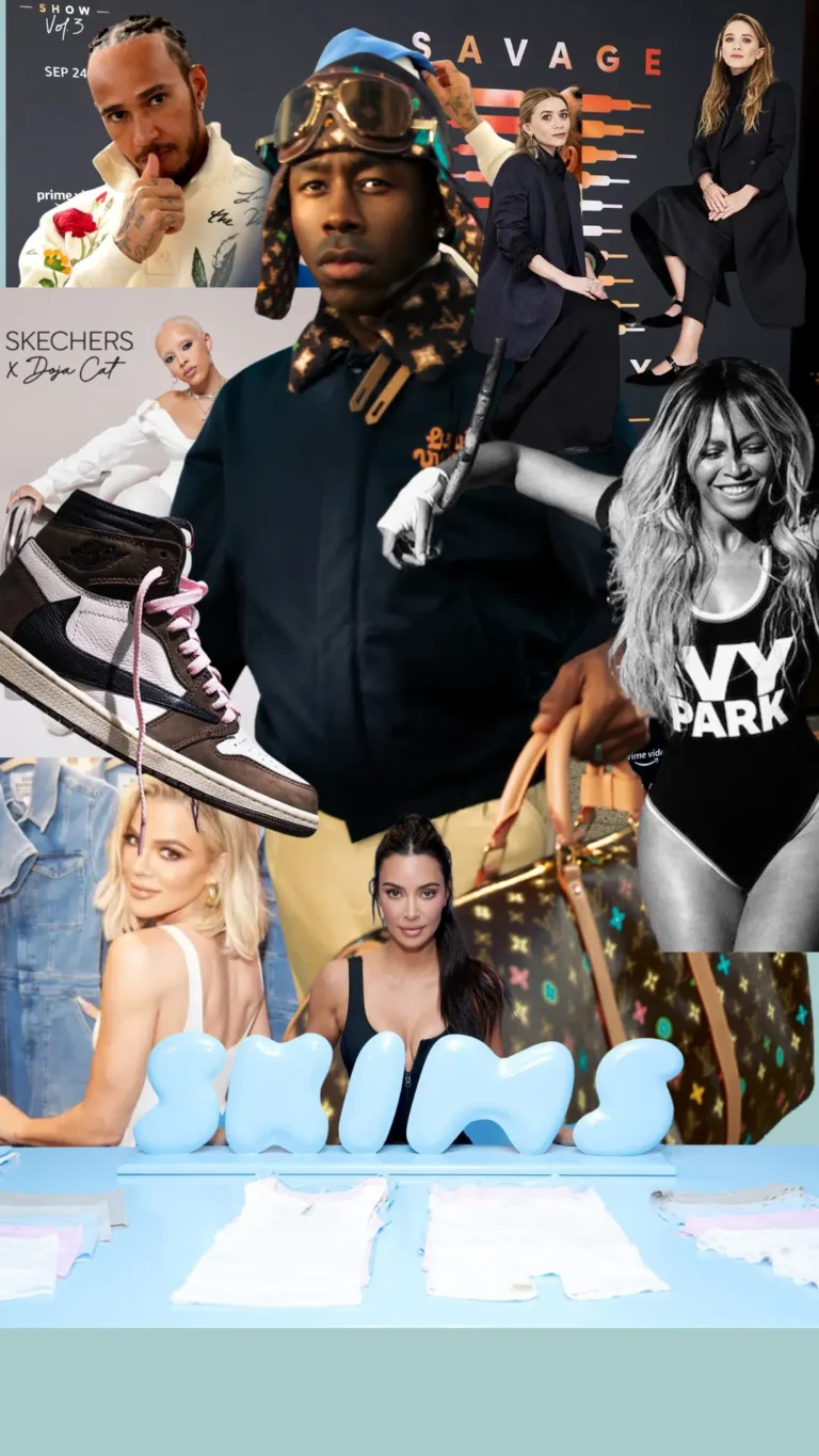 A digital collage of various celebrities involved in fashion, including Tyler, the Creator, Beyoncé, Kim Kardashian, and others, surrounded by branded apparel, shoes, and accessories.