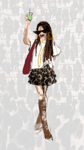 Illustrated fashion sketch of a stylish woman holding a green drink while wearing a leopard print mini skirt, white tee, and knee-high boots. Drawing of a fashionable woman with long brown hair, oversized sunglasses, hoop earrings, and a leopard mini skirt paired with a white top and brown boots, holding a green beverage.