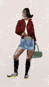 Illustration of a model in a studded burgundy leather jacket, mini denim skirt, tall socks, and striped slip-ons. Fashion illustration of a woman wearing a burgundy leather jacket with gold studs, a light blue mini skirt with a bold gold buckle, tall black socks with gold details, striped shoes, and a green handbag.
