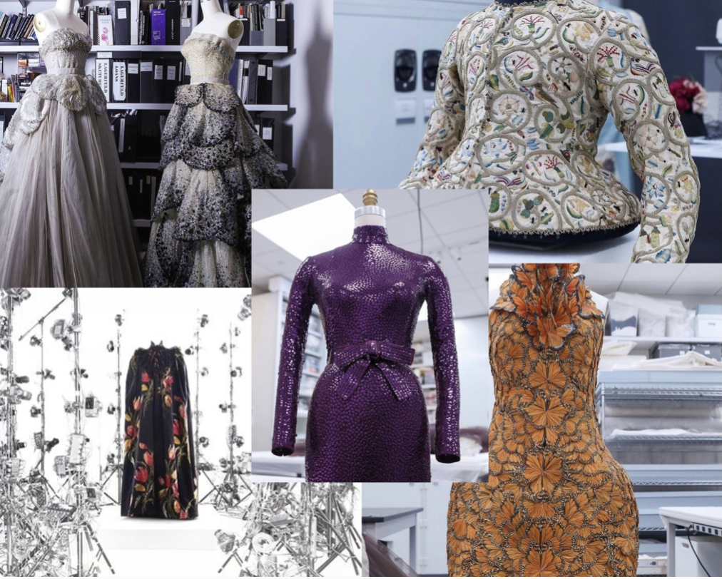 Collage of dress forms featuring ornate couture dresses, including beaded gowns, floral embroidery, and textured bodices in various studio settings.