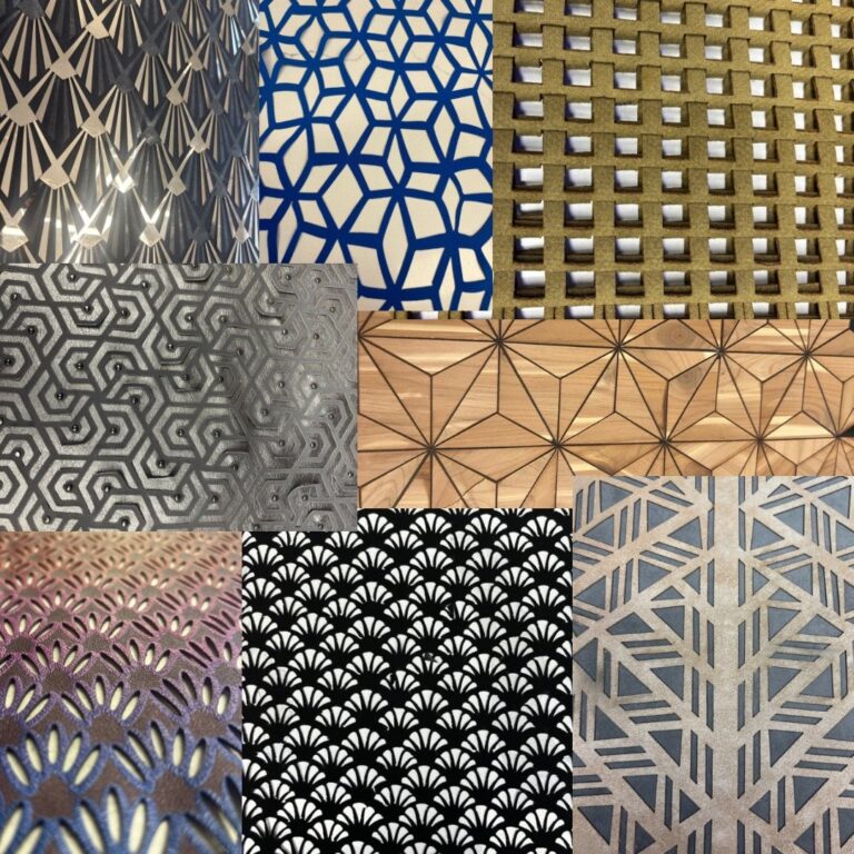 Nine textile swatches arranged in a collage, each featuring a unique geometric or architectural pattern in various materials and colors.