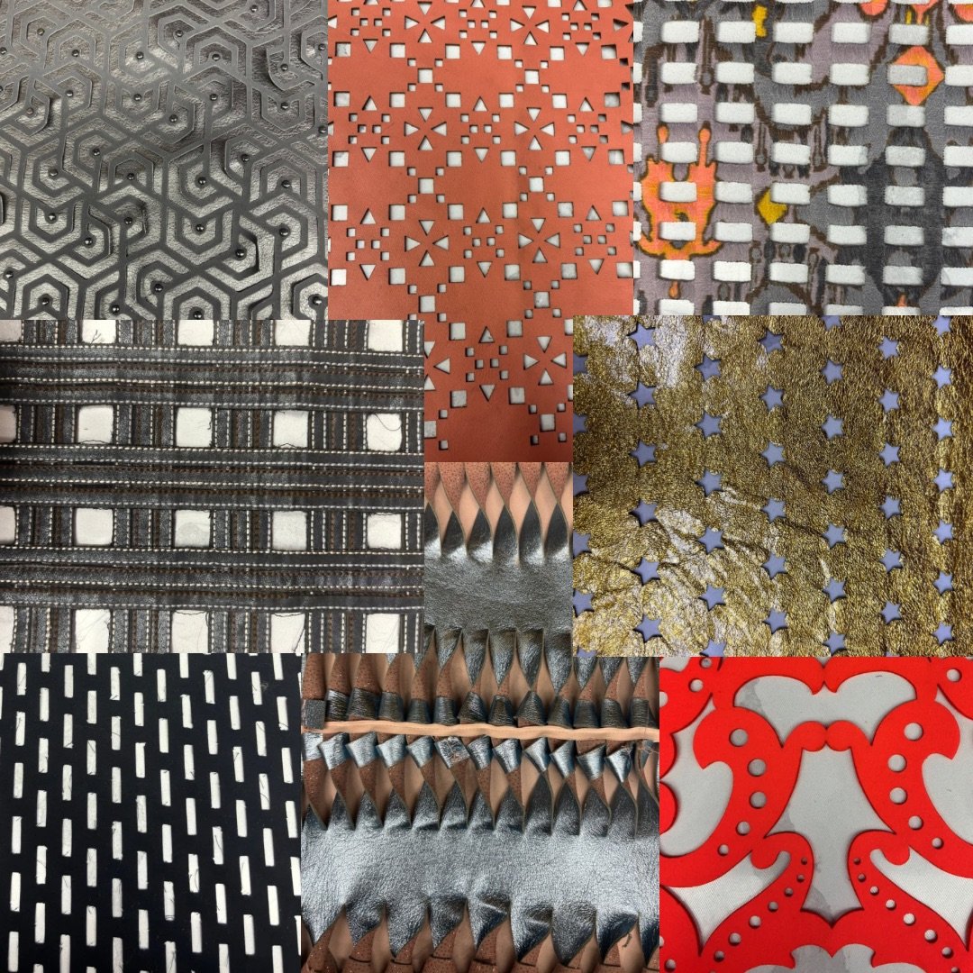 Fabric collage with various laser-cut, textured, and woven samples showcasing geometric and tactile surface designs.