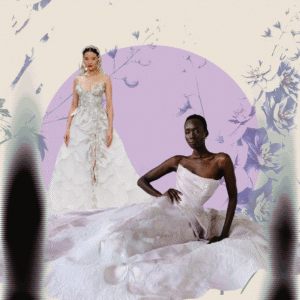 Two models in couture bridal gowns against a soft lavender and floral backdrop. Two models showcase sculptural bridal gowns against a soft, romantic collage of floral illustrations and pastel tones.