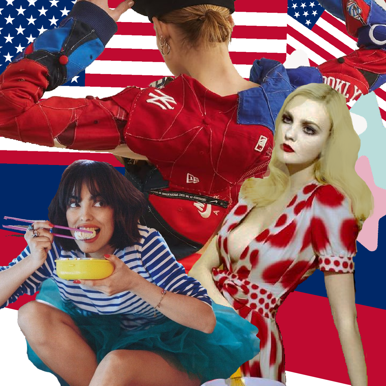 Fashion collage featuring three women in vibrant outfits with layered American flag motifs in the background.