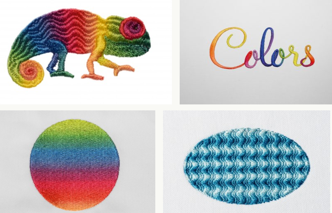 Four embroidery designs demonstrating gradient and texture capabilities with multicolor threads, including a rainbow chameleon, the word "Colors," and two abstract shapes.
