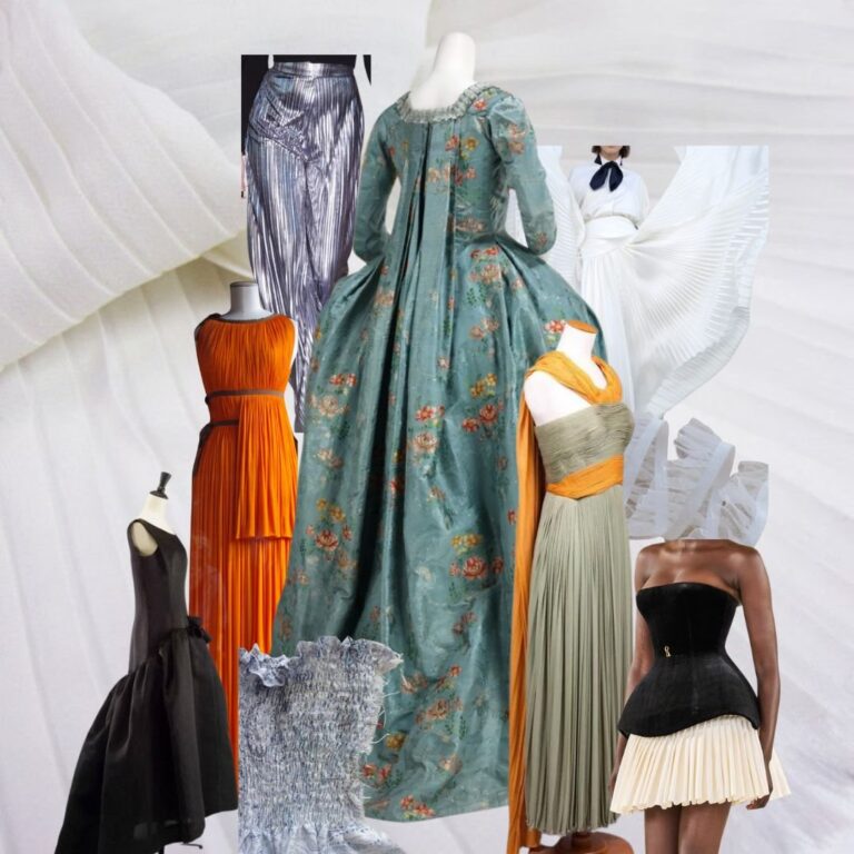 A collage of historical and modern dresses featuring various pleating styles, including a green floral 18th-century gown at the center surrounded by contemporary pleated designs in metallic, orange, gray, and black fabrics.