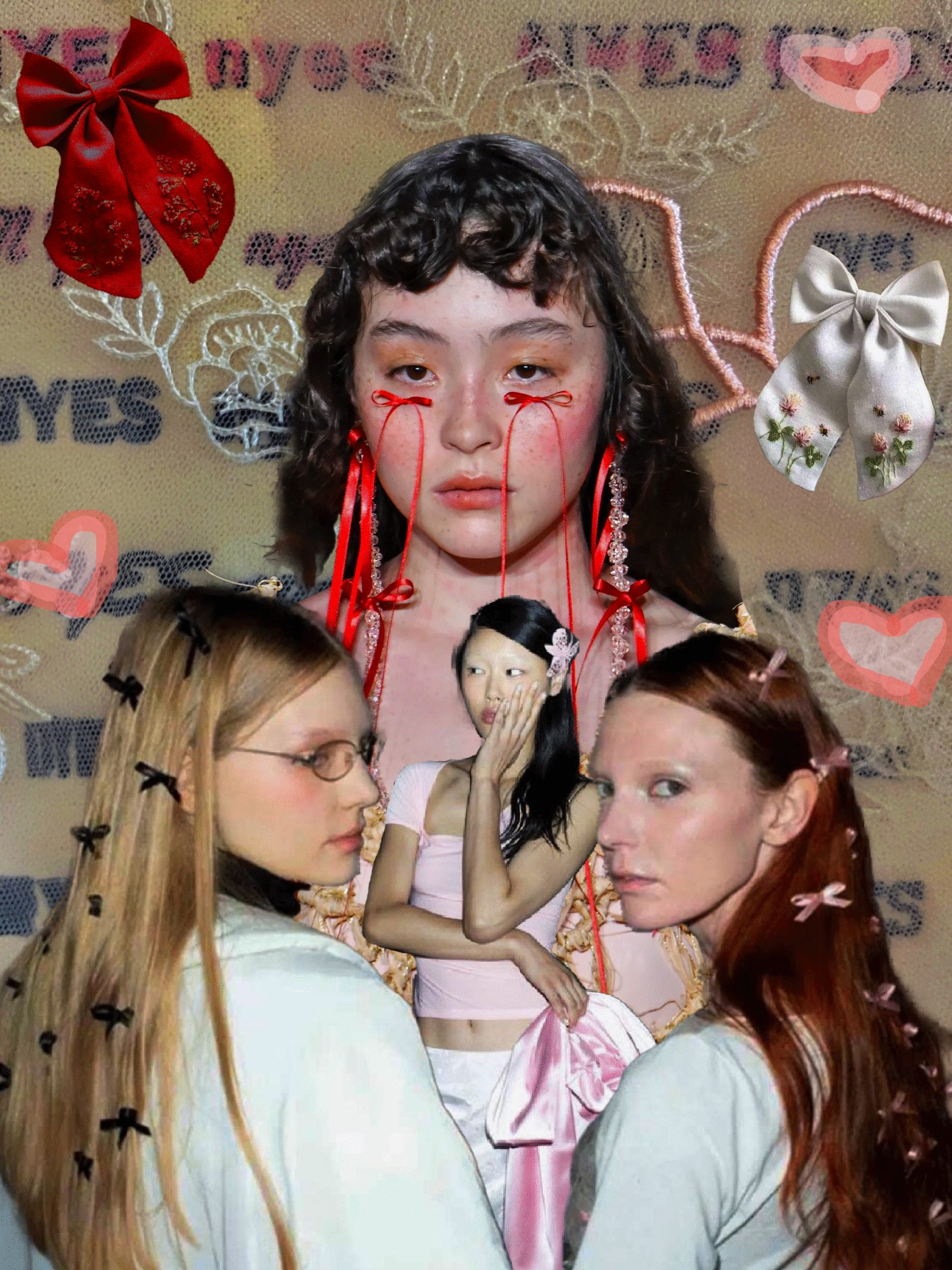 A surreal digital collage featuring a central woman with red thread tears, flanked by two women holding a porcelain doll, with embroidered hearts and NYES branding in the background.