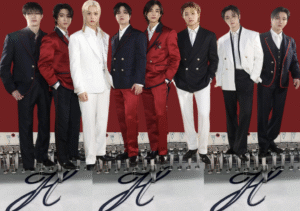 Stray Kids pose in coordinated black, white, and red tailored suits against a dark burgundy backdrop with embroidery tools.
