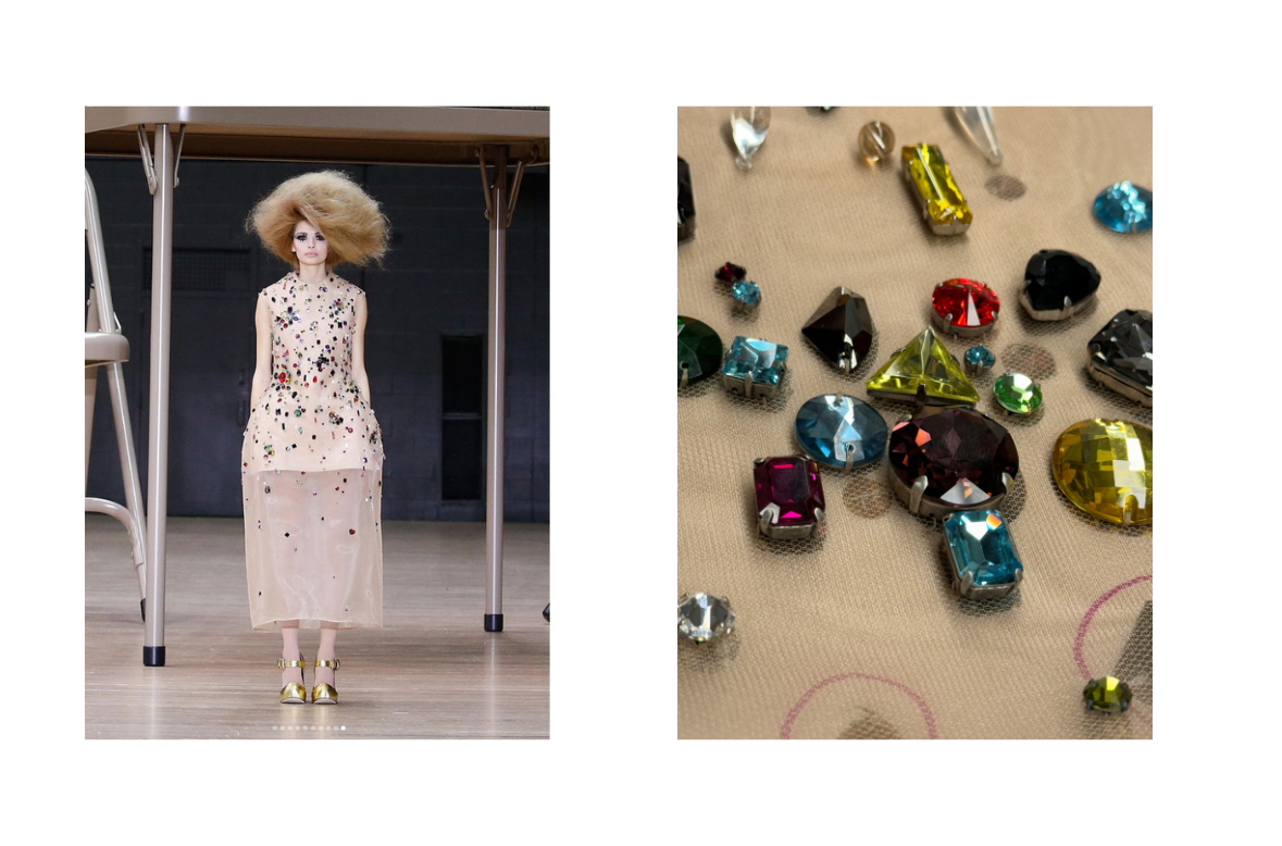 Model in a nude sheer dress adorned with colorful jewels, next to a close-up image of scattered multicolor gems.