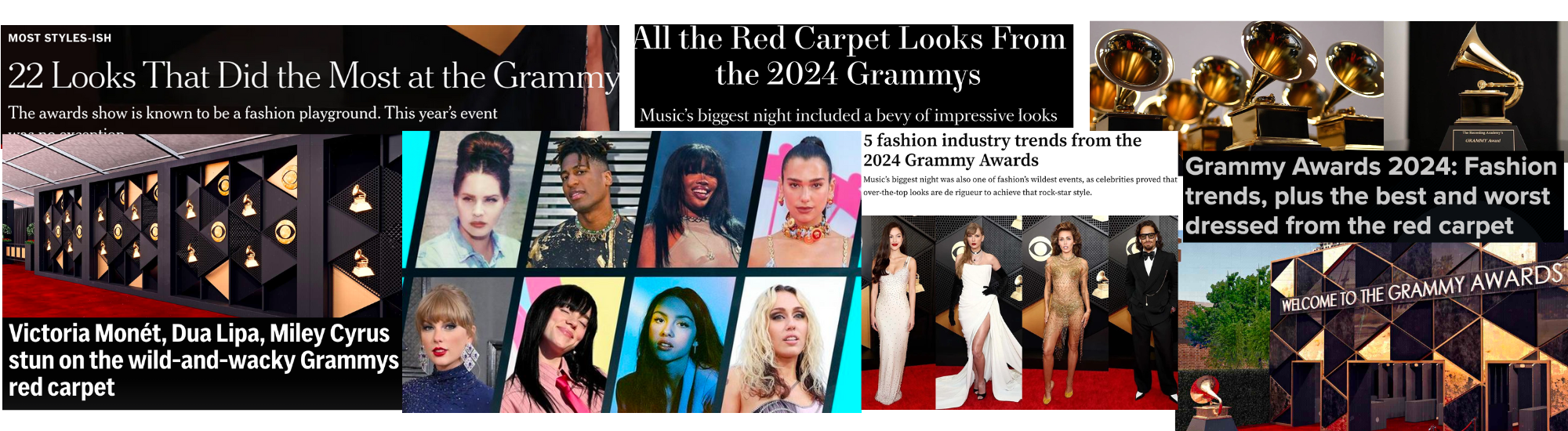 Collage of fashion headlines and celebrity looks from the 2024 Grammy Awards red carpet.