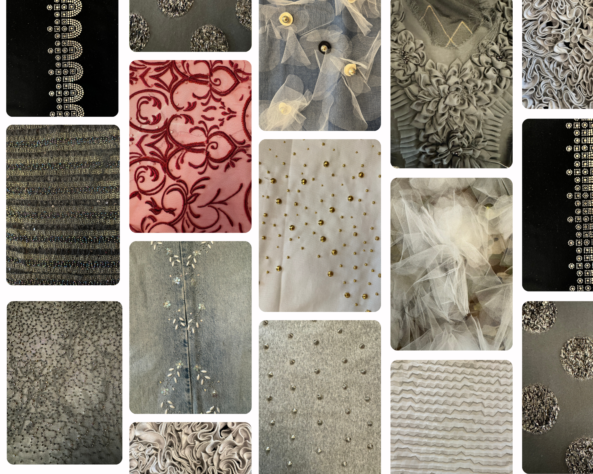 A collage of 15 fabric swatches featuring a variety of embellishment and embroidery techniques, including lace, sequins, pearls, tulle, pleating, and jacquard patterns in mostly neutral tones with one pink and red fabric.