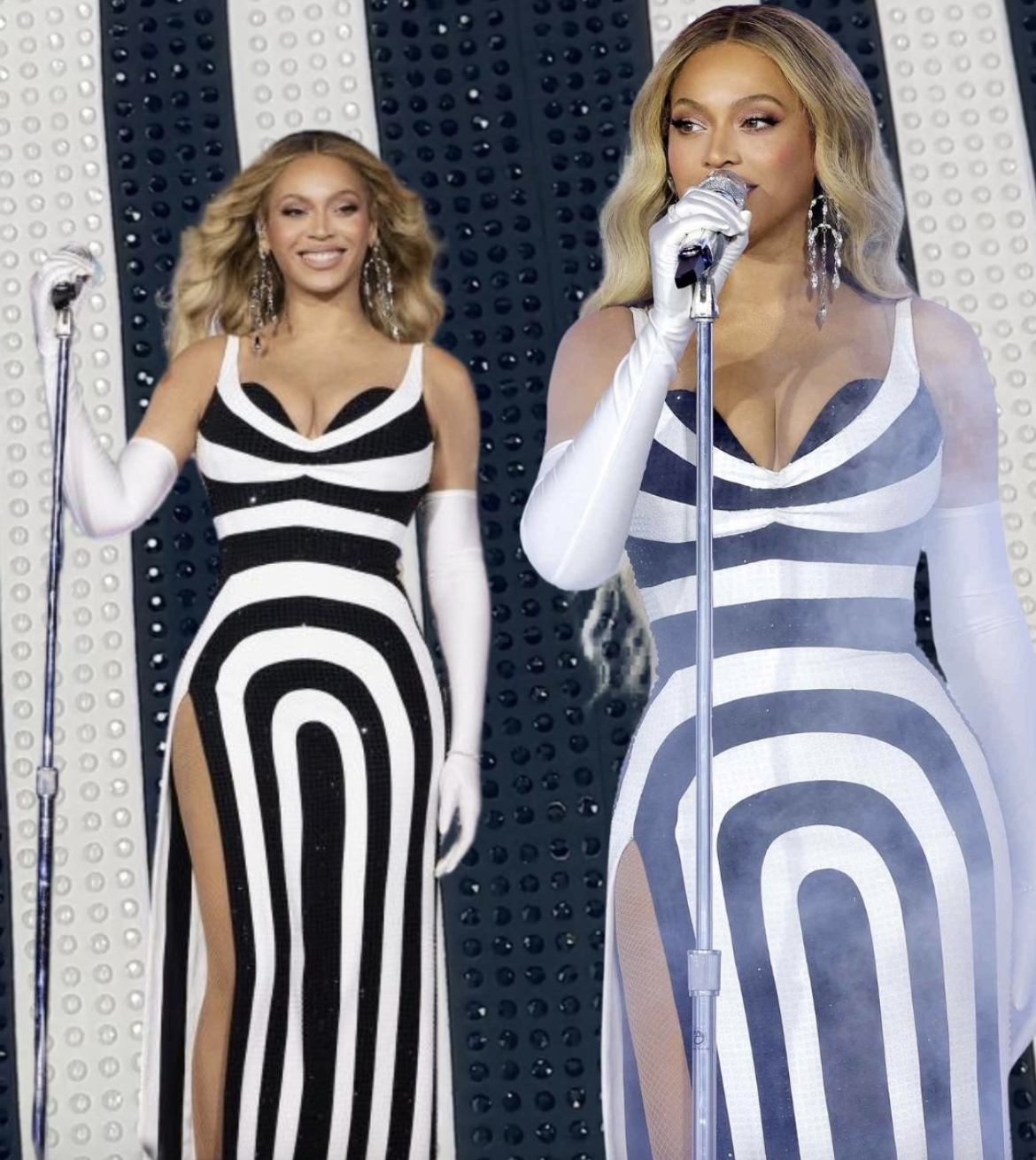 Beyoncé wearing a black and white geometric gown with illusion-style patterns, long white gloves, and voluminous waves, performing on stage.