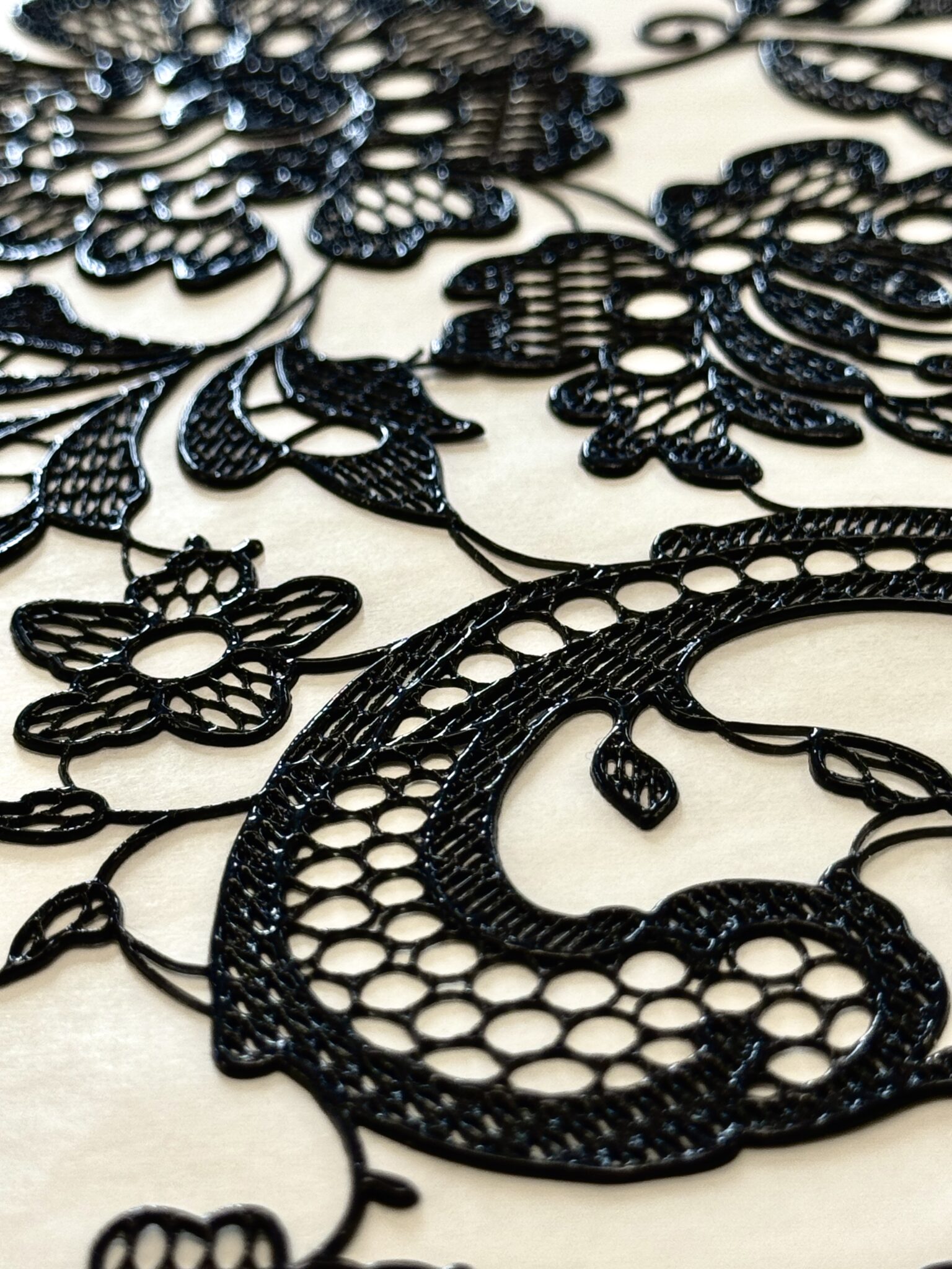 Close-up of intricate black lace floral embroidery on sheer white fabric