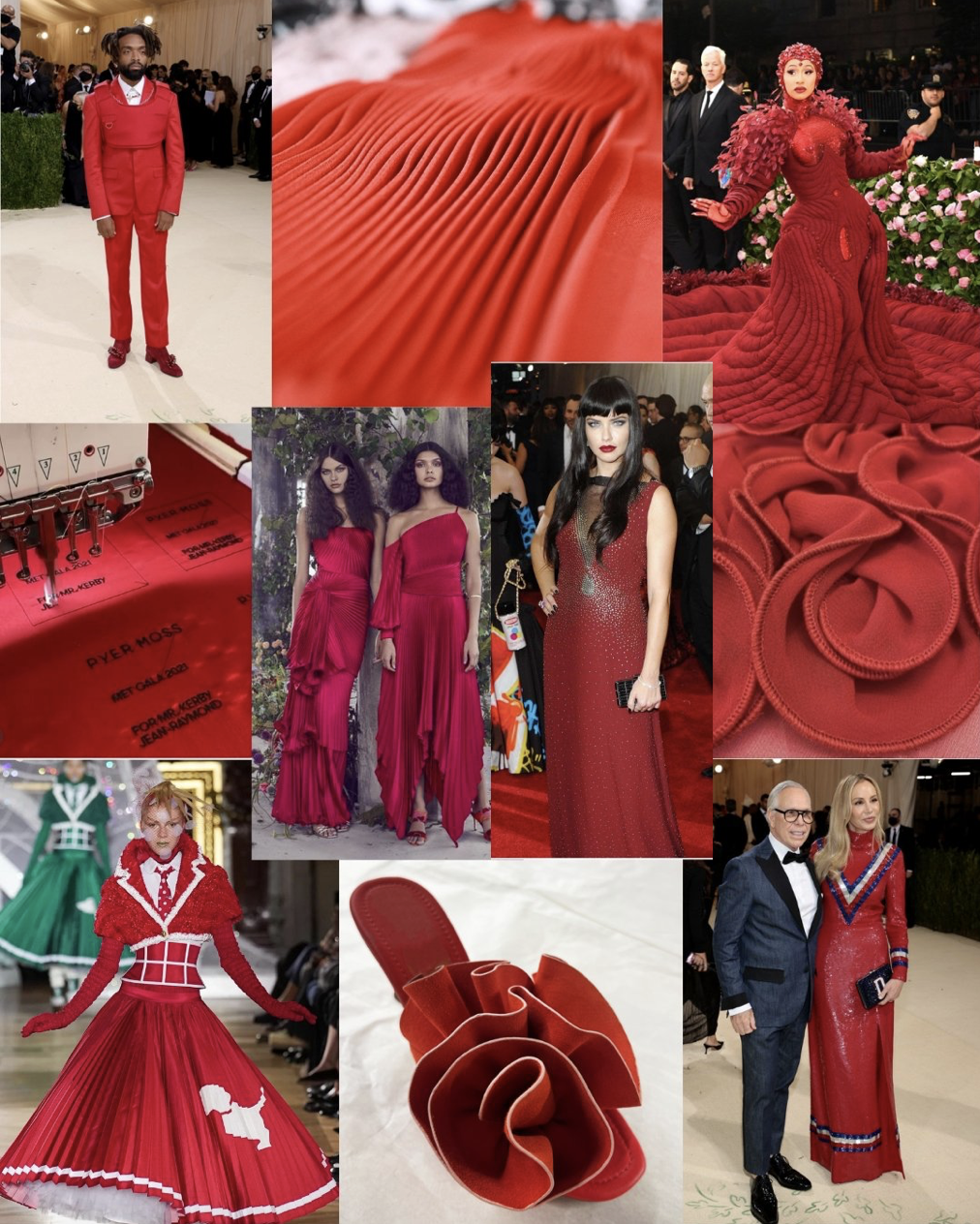 Collage of red fashion garments including gowns, suiting, and couture details.