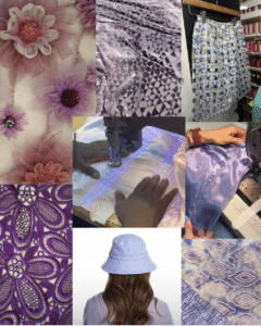 Textile-focused collage in lavender, lilac, and violet hues.