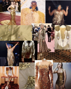 Collage of celebrities and fashion pieces in gold and metallic tones.