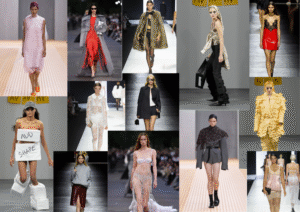 Collage of fashion runway looks featuring various designer outfits worn by models.