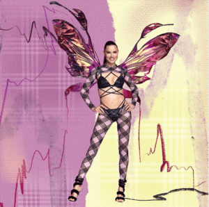 Model in butterfly-inspired lingerie with purple wings and graphic textures.