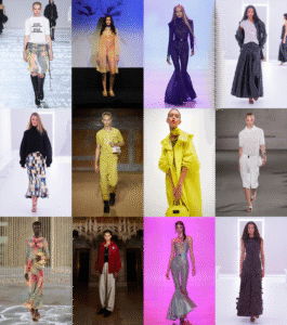 Collage of 12 runway looks from New York Fashion Week Spring/Summer 2023 featuring diverse models in eclectic styles, including bright yellow outerwear, shimmering gowns, layered skirts, and structured menswear.