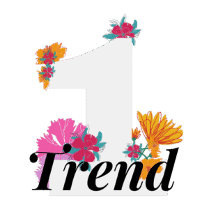 Graphic design with the number 1 decorated with colorful floral elements and the word “Trend” in bold black text.
