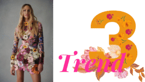 Trend 3 collage with a model in a colorful floral mini dress and the number 3 decorated with flowers.