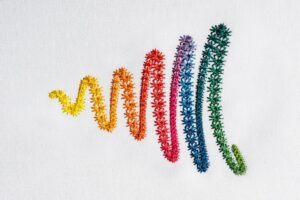 Embroidered swirl transitioning through yellow, orange, red, purple, blue, and green.