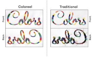 Side-by-side comparison of Coloreel and Traditional embroidery methods on colorful text designs, showing both front and back views.
