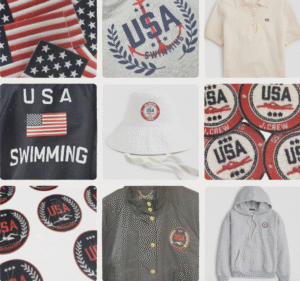 Grid of USA-branded apparel including patches, bucket hats, sweatshirts, and polos.