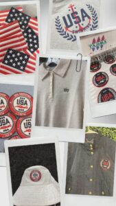 Assortment of vintage-style USA Olympic patches, shirts, and accessories.