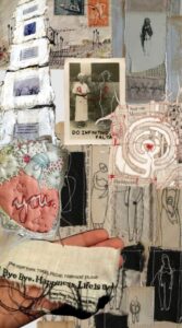 Mixed media textile collage featuring anatomical motifs, embroidery, and text like “YOU” and “DO EMPATHY.”