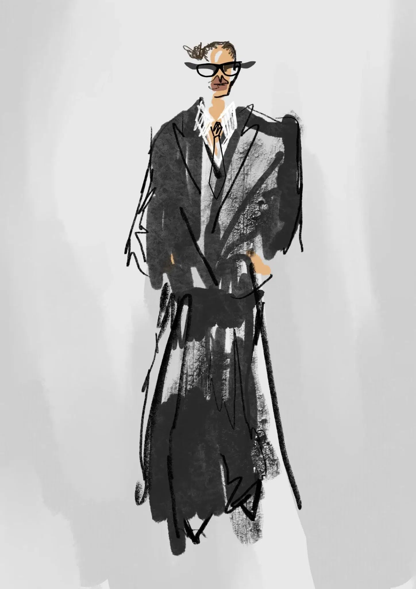 Fashion illustration of a figure wearing an oversized black suit, white shirt, and black glasses, drawn with expressive, sketchy lines.