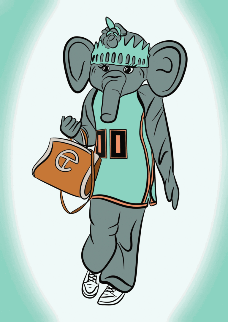 Illustration of a stylish elephant dressed as the Statue of Liberty, wearing a teal basketball jersey, holding an orange Telfar bag.