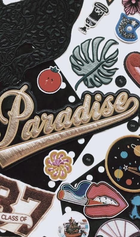 Colorful embroidered patch that says “Paradise” with fruits and flowers.