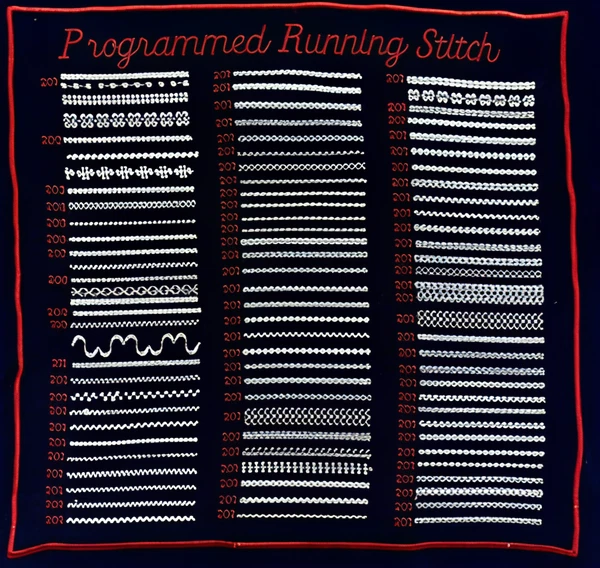 Chart of programmed running stitches on black fabric.