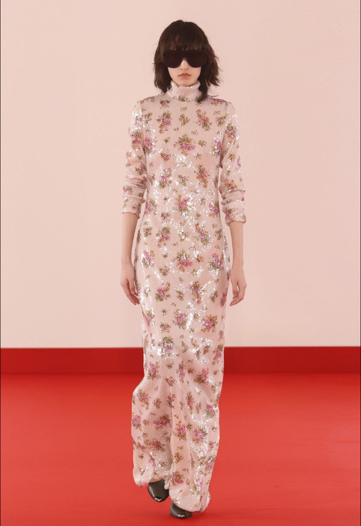 Dye sublimation printing on sequin fabric for Brandon Maxwell SS26