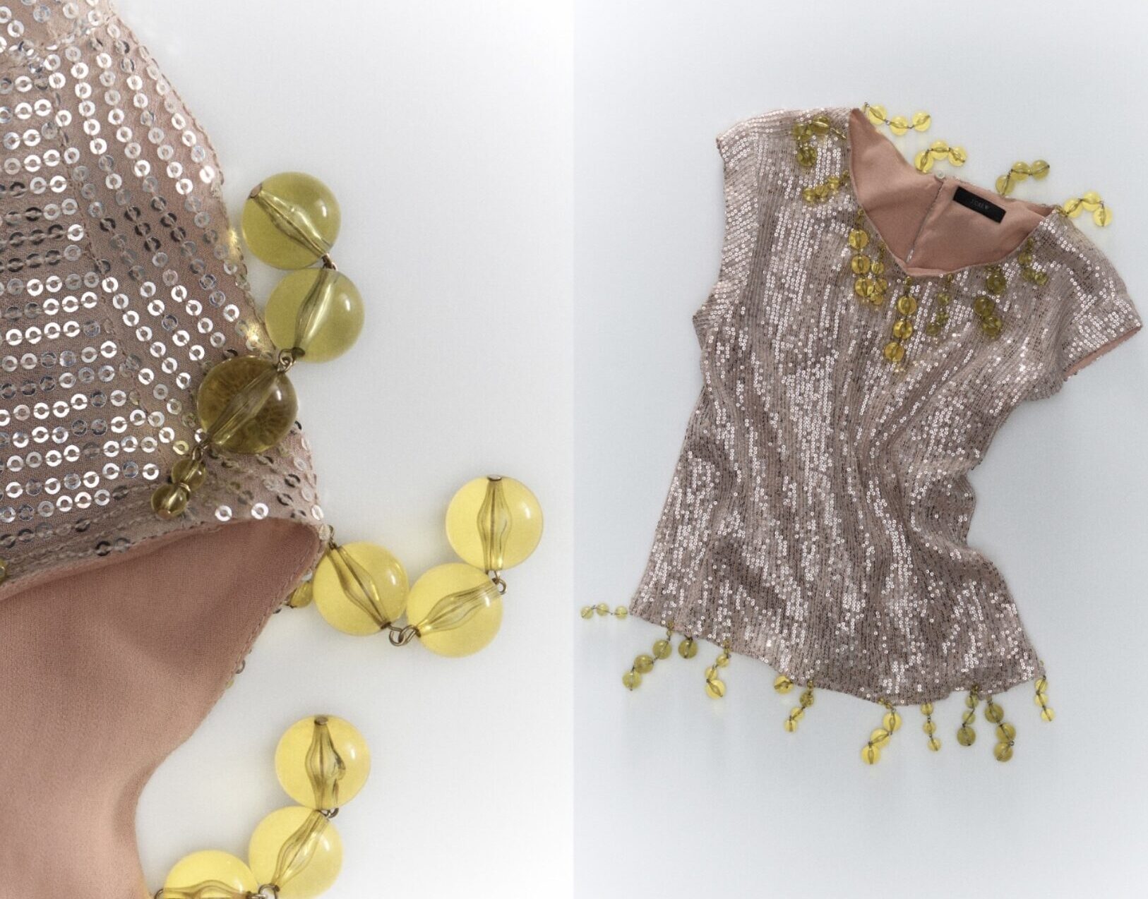 J.Crew reworked vintage garment, featuring added fur details for texture and intricate hand-applied beadwork for individuality.
