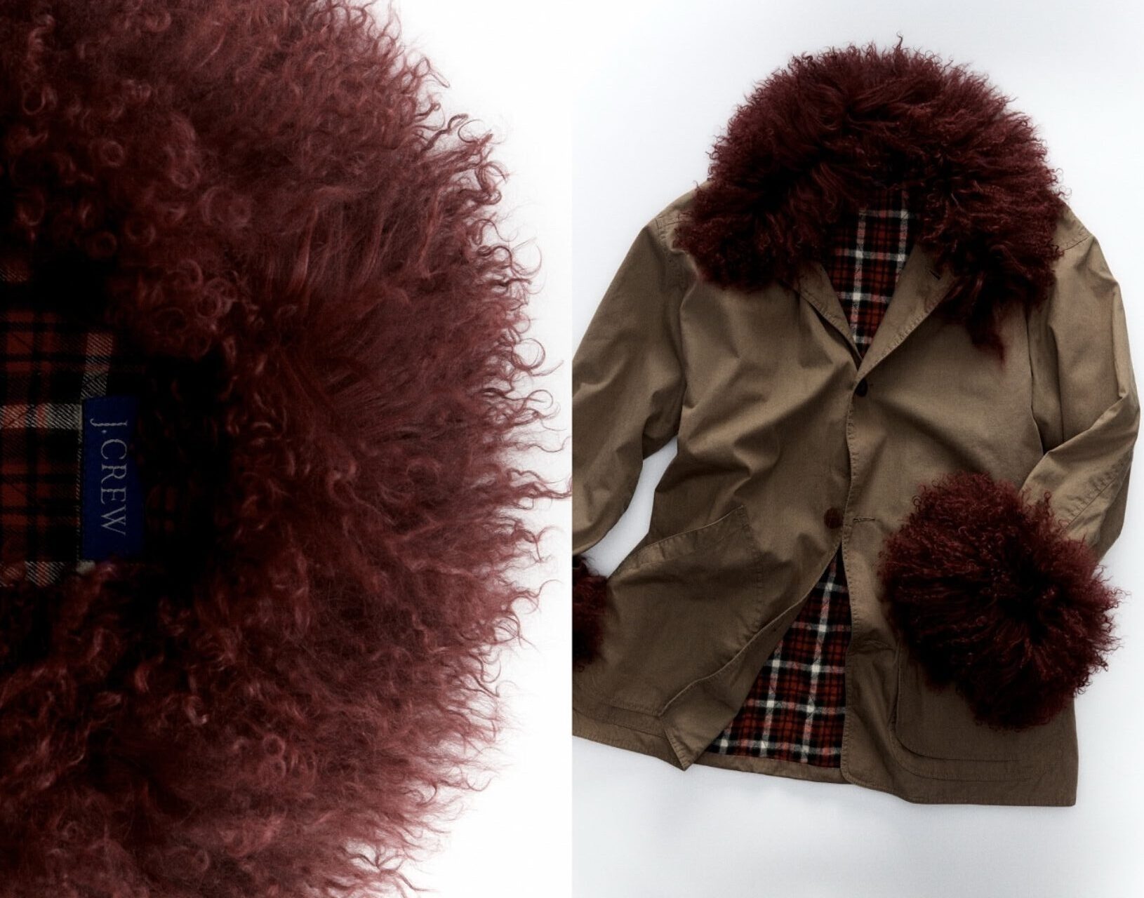 J.Crew reworked vintage garment, featuring added fur details for texture and intricate hand-applied beadwork for individuality.