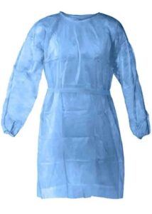 blue isolation gown manufactured by New York Embroidery Studio in Brooklyn, NY.