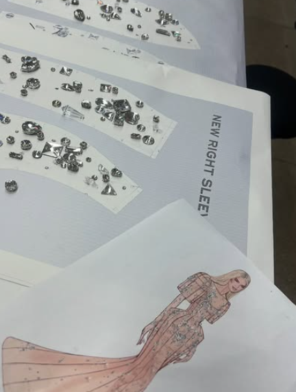Close-up of hand-sewn gemstone embellishments on Karol G’s custom Marc Jacobs gown at the 2024 Met Gala.