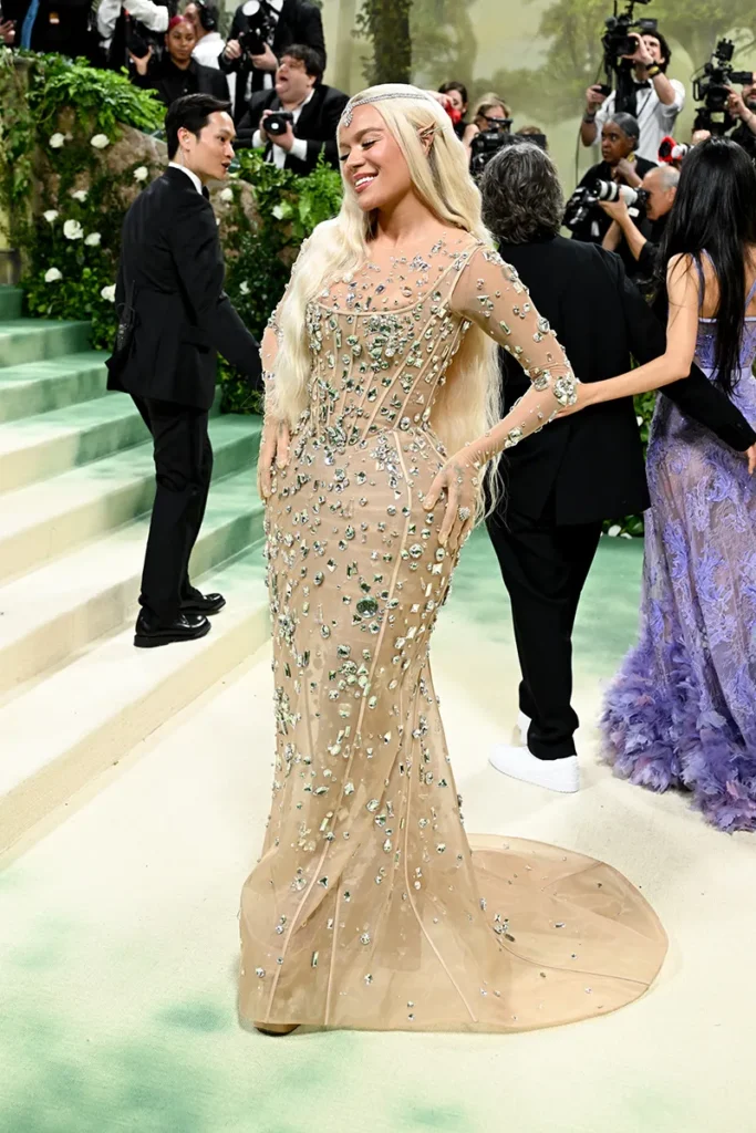 Close-up of hand-sewn gemstone embellishments on Karol G’s custom Marc Jacobs gown at the 2024 Met Gala.