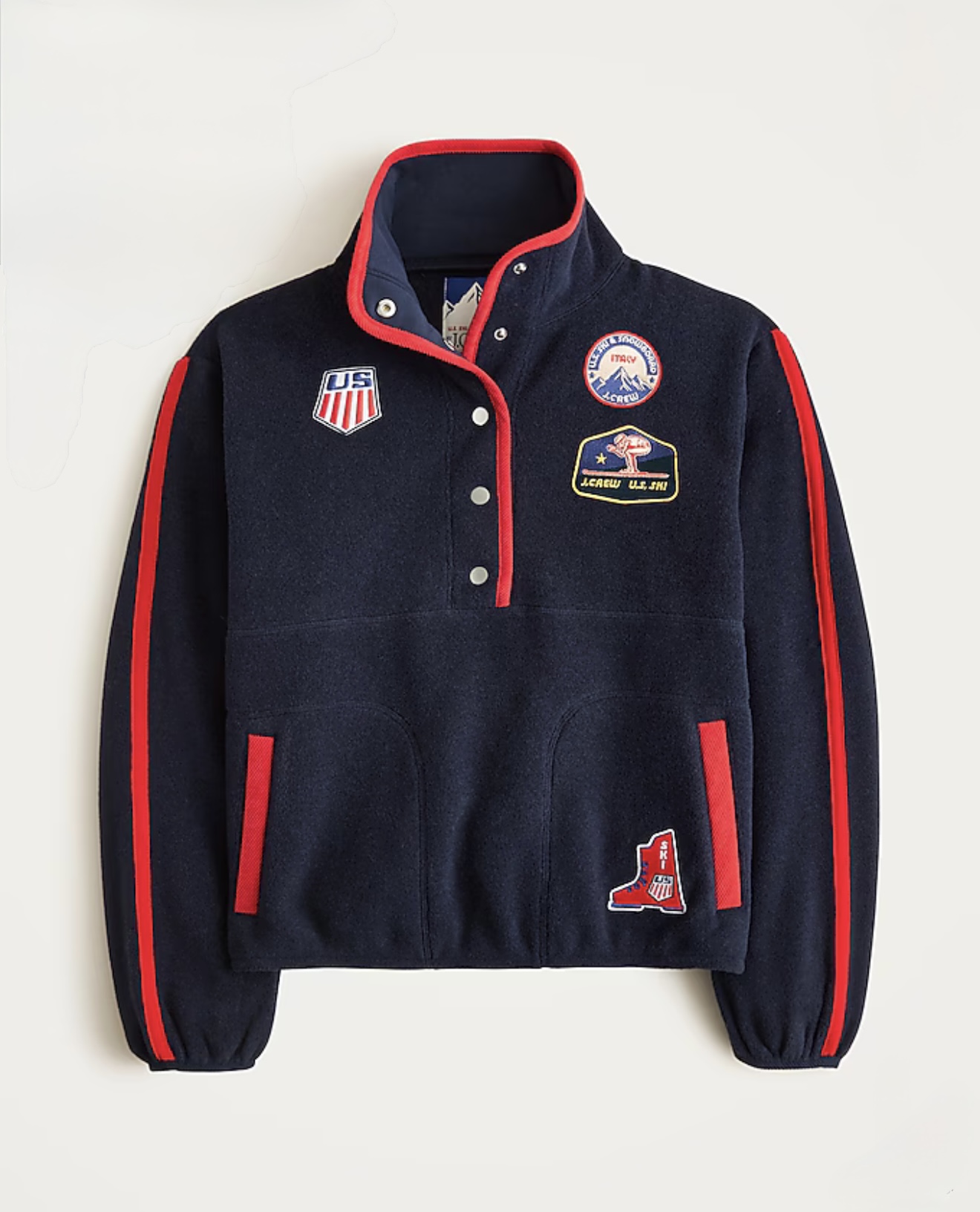 Custom embroidered U.S. Ski patch with mountain motif and red border, produced by New York Embroidery Studio