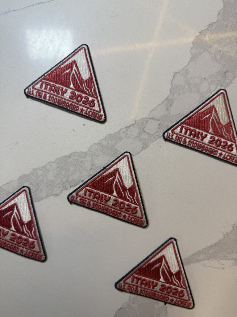 Custom circular Italy 2026 U.S. Ski & Snowboard embroidered patches with mountain imagery