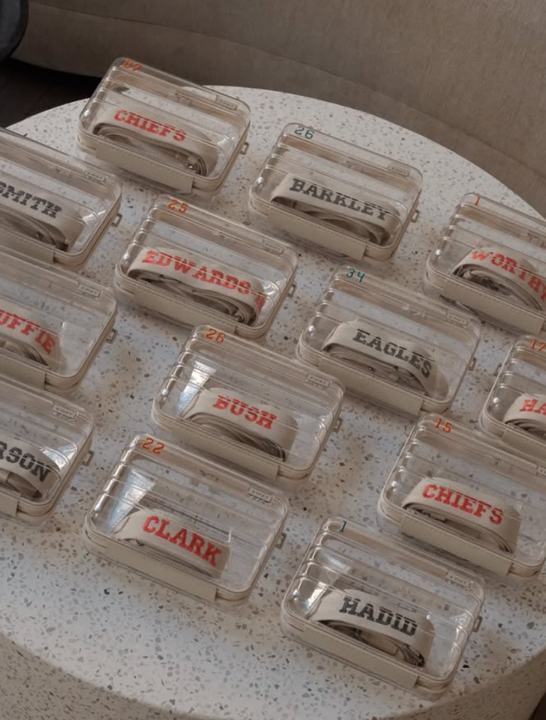 ransparent AWAY travel cases featuring custom embroidered name straps created for a Super Bowl brand activation