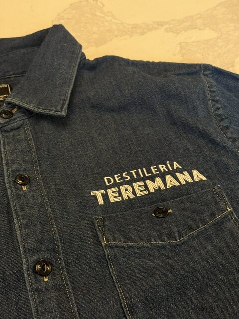 Denim button-down shirt with custom Destilería Teremana embroidery