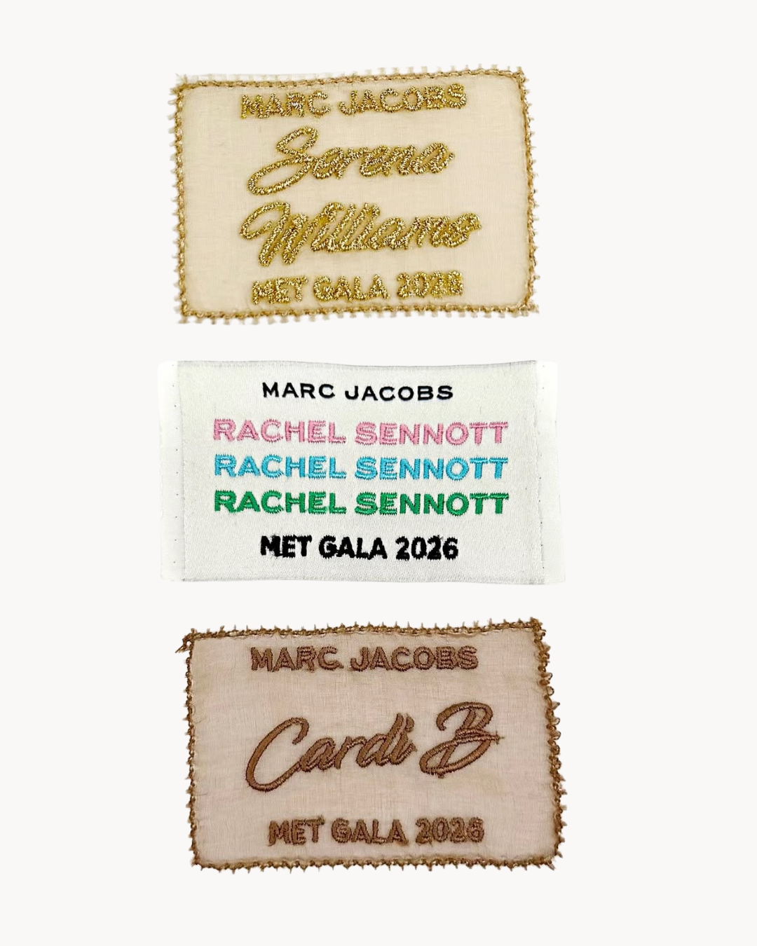 Close-up of custom embroidered fashion label created for a Met Gala 2026 garment